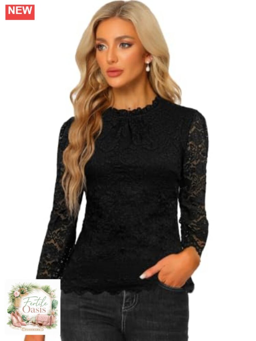 Women's Lace Long Sleeve Blouse Ruffle Neck Floral Peplum Top Dressy Casual